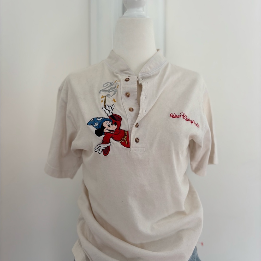 25th anniversary Disney Cream Short Sleeve Shirt with Mickey Mouse Embroidery